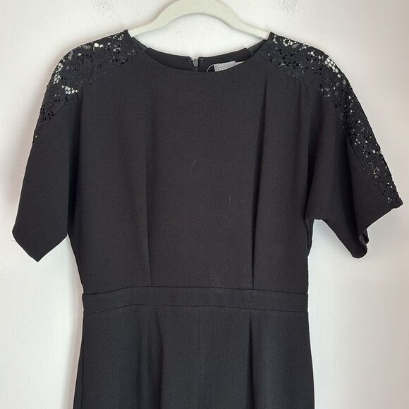 ASOS women’s short sleeve Black lace crepe Sheath Midi Dress Crew Neck 8 NWT! - Picture 1 of 13